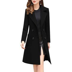 Women's Black Elegant Notched Collar Double Breasted Wool Blend Over Coat